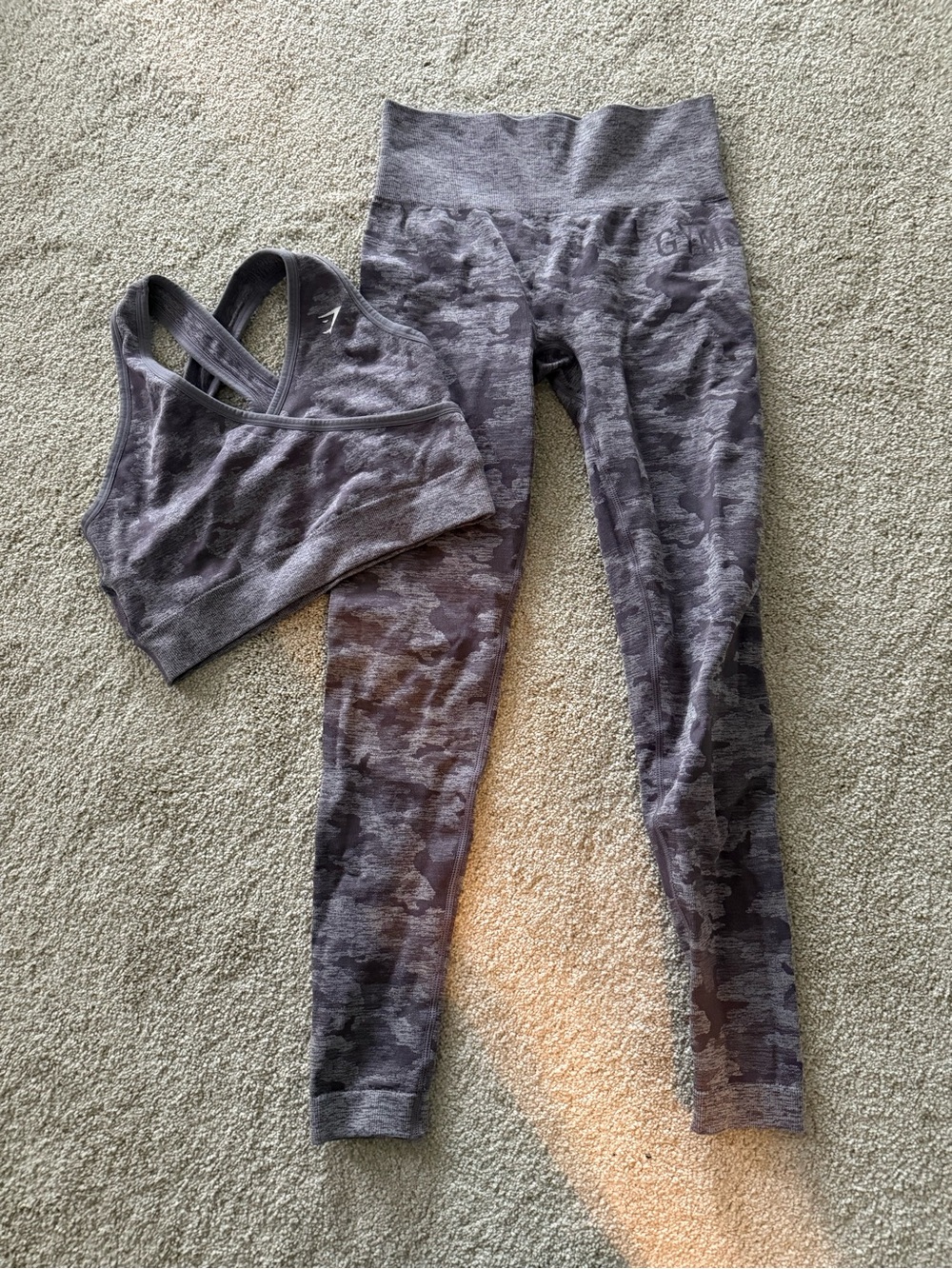 Gymshark Gray Camo High-Waist Leggings with Matching Sports Bra
